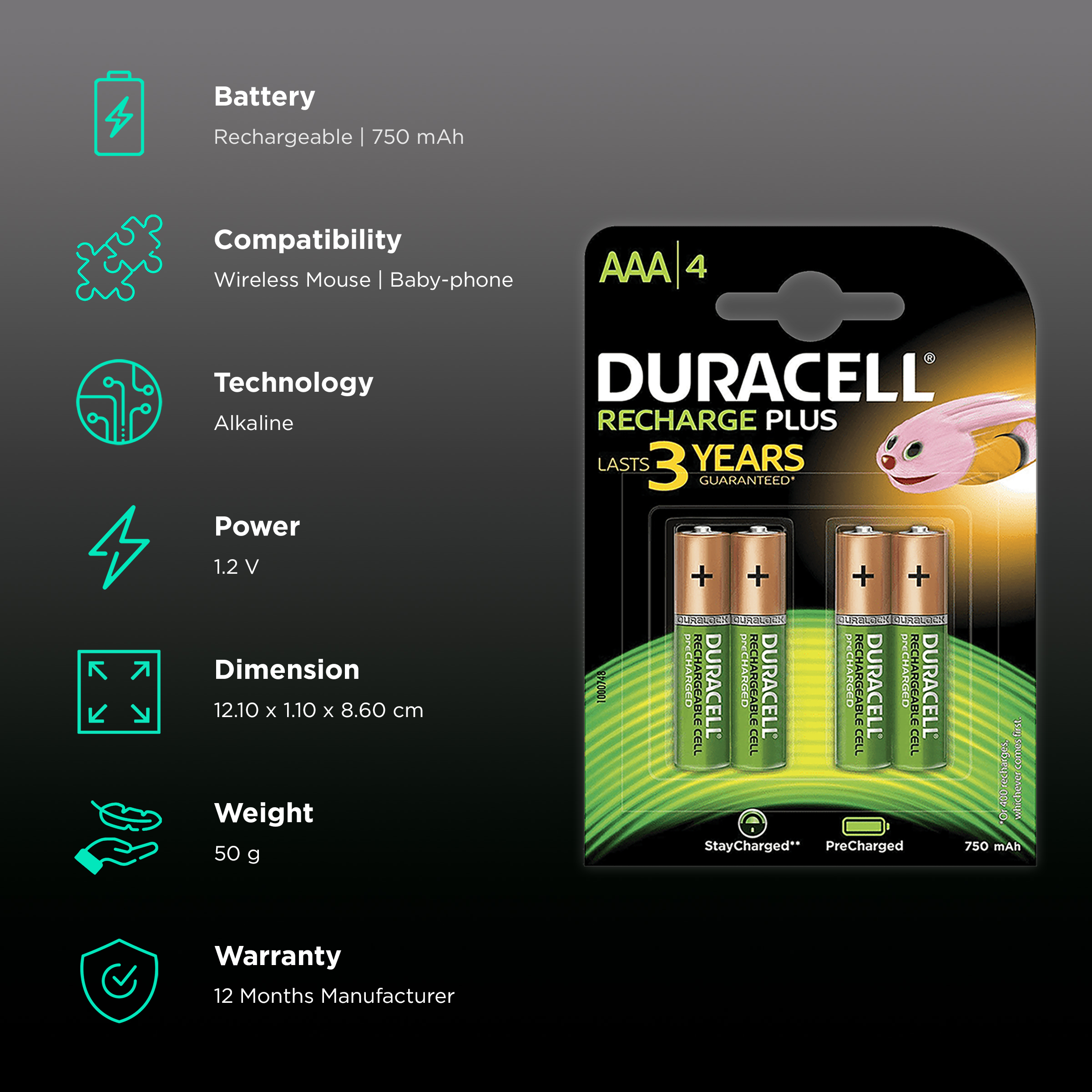 Buy Duracell Recharge Plus Mah Alkaline Aaa Rechargeable Battery Pack Of Online Croma